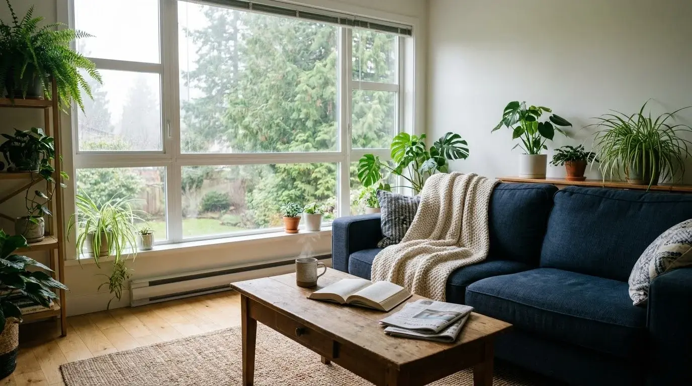 A bright, tidy living room with a navy sofa, houseplants and morning light through a large window.