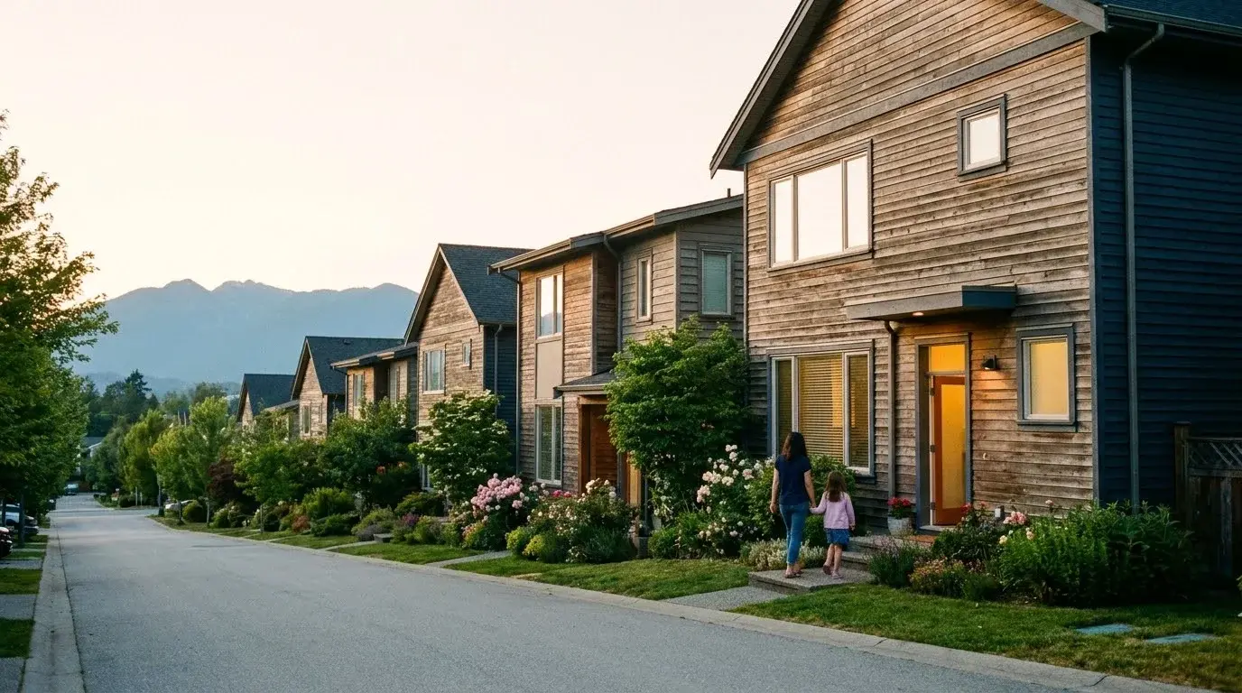 A mother and daughter walk up the path to a lit front door on a quiet tree-lined street of cedar-sided homes, with mountains in the distance.