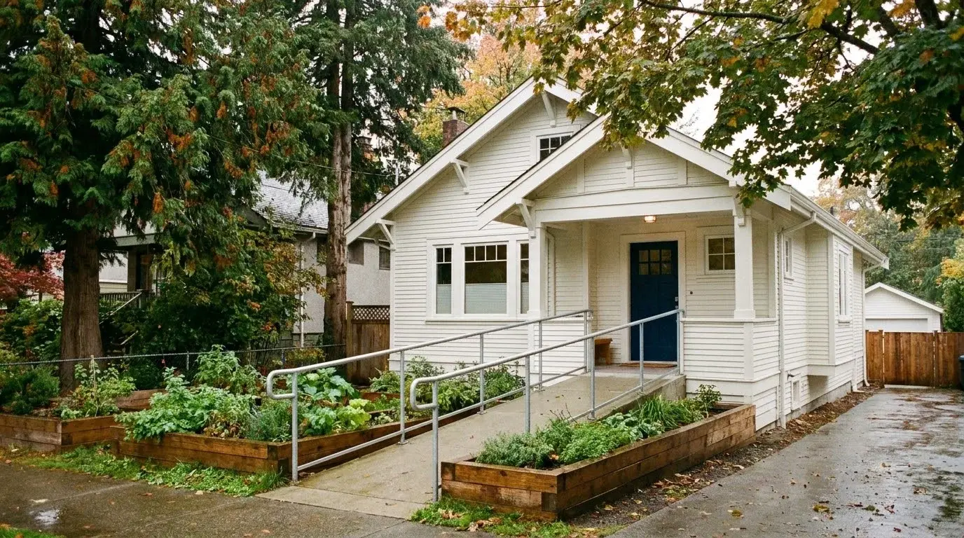 A renovated white craftsman-style home with a navy door and a gently sloped access ramp with handrails, beside raised garden beds.