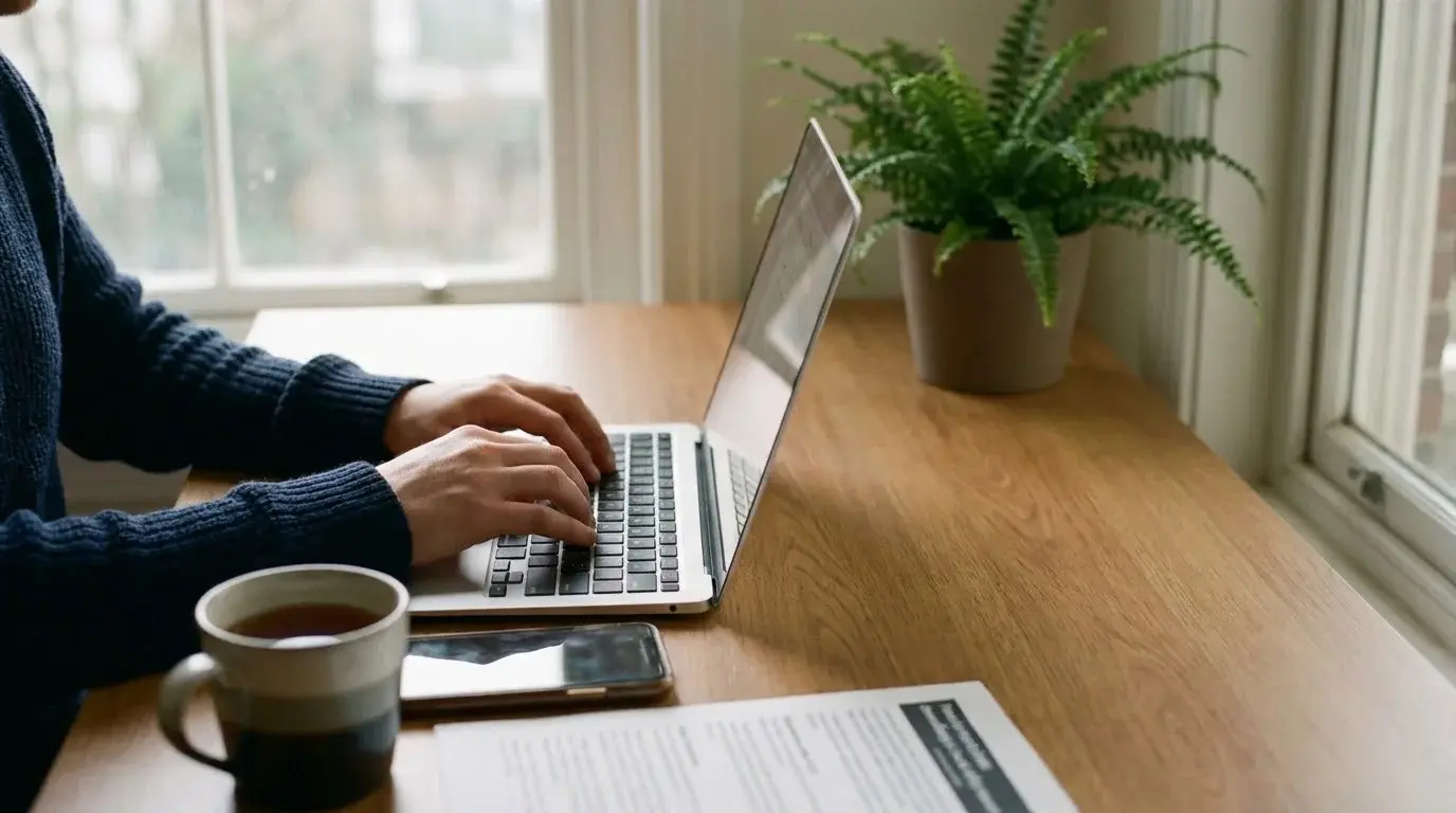 A case manager’s hands type on a laptop beside a printed referral form at a tidy desk.