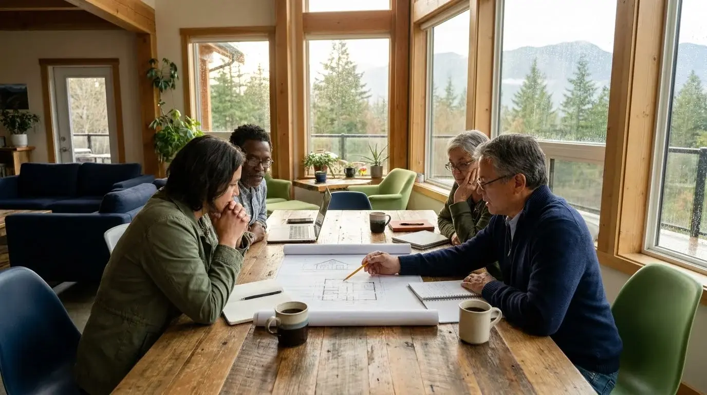 Community partners gather around a table reviewing printed floor plans of a small home.