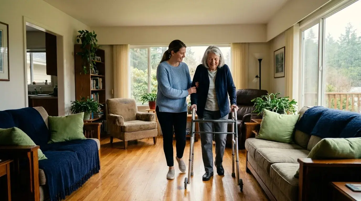 A home care worker helps an older woman with a walker across a bright living room.