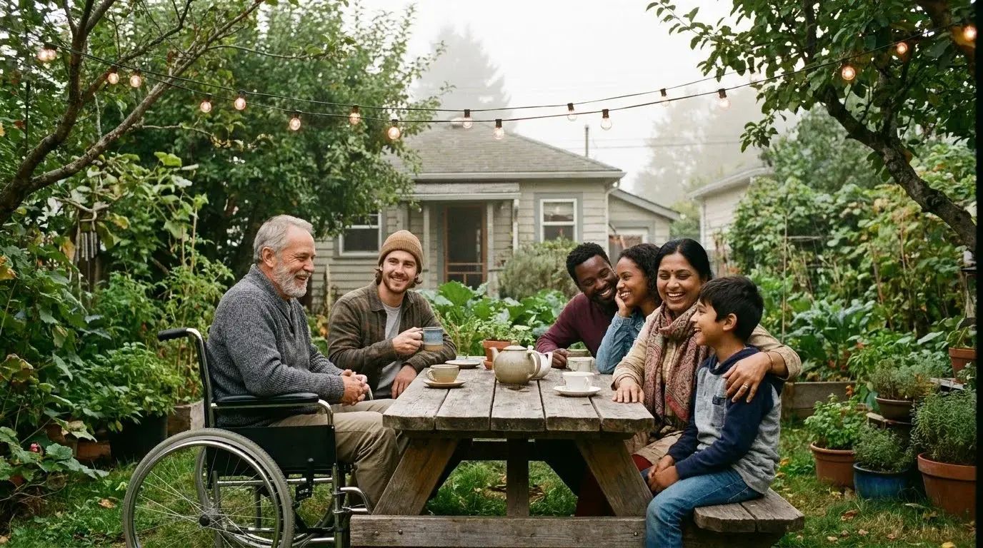 Neighbours of different ages and backgrounds share tea and laughter at a picnic table in a shared backyard garden.