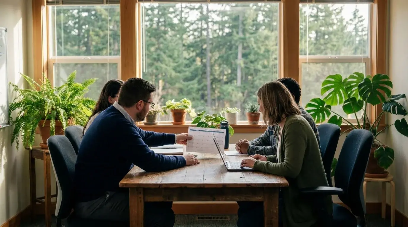 A small team of coordinators works around a table in a bright office, reviewing a schedule and a laptop.