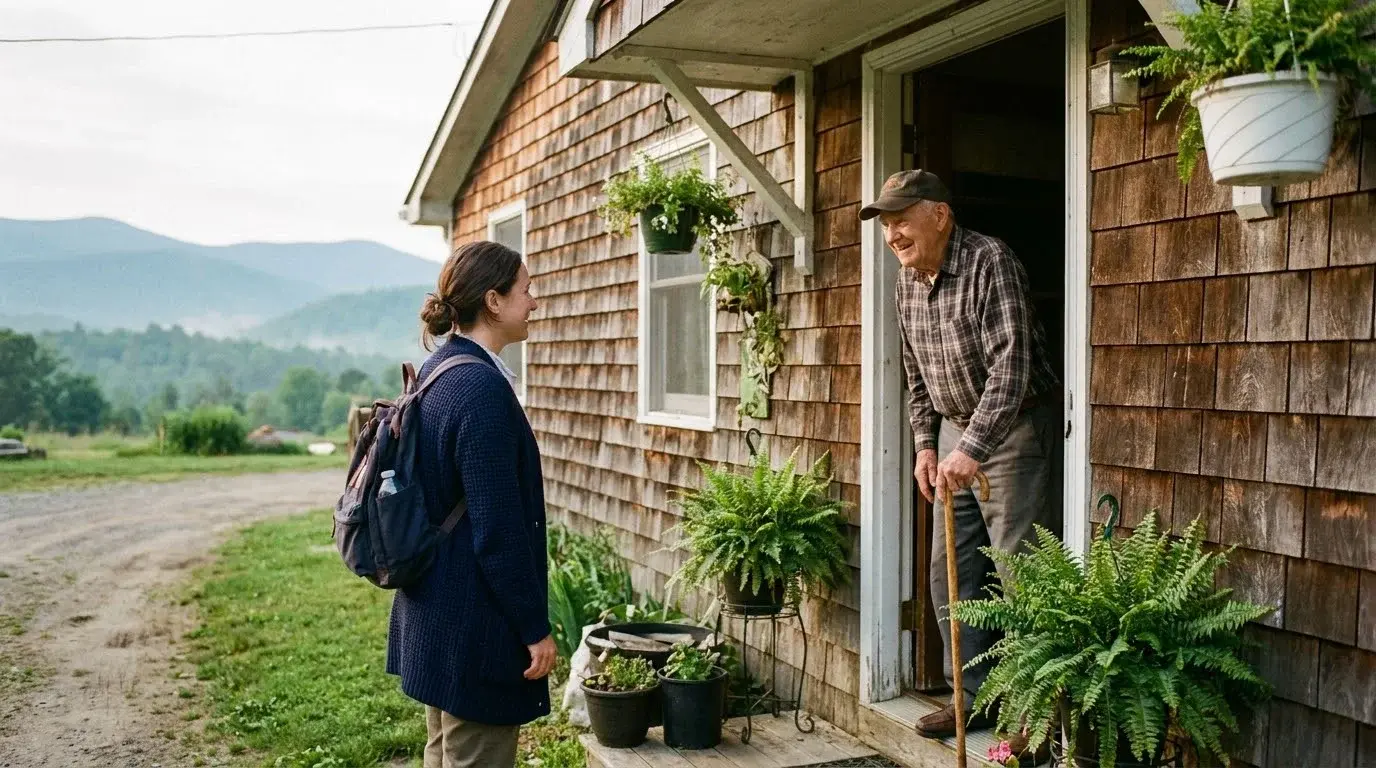 A home support worker is welcomed at the front door of a cedar-sided home by an older man with a cane.