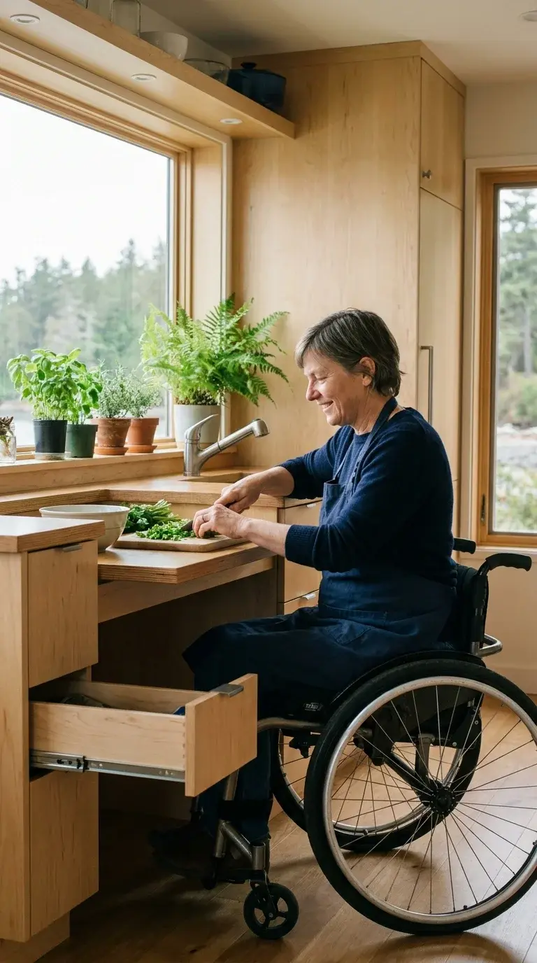 A woman using a wheelchair prepares vegetables at a lowered, accessible kitchen counter.