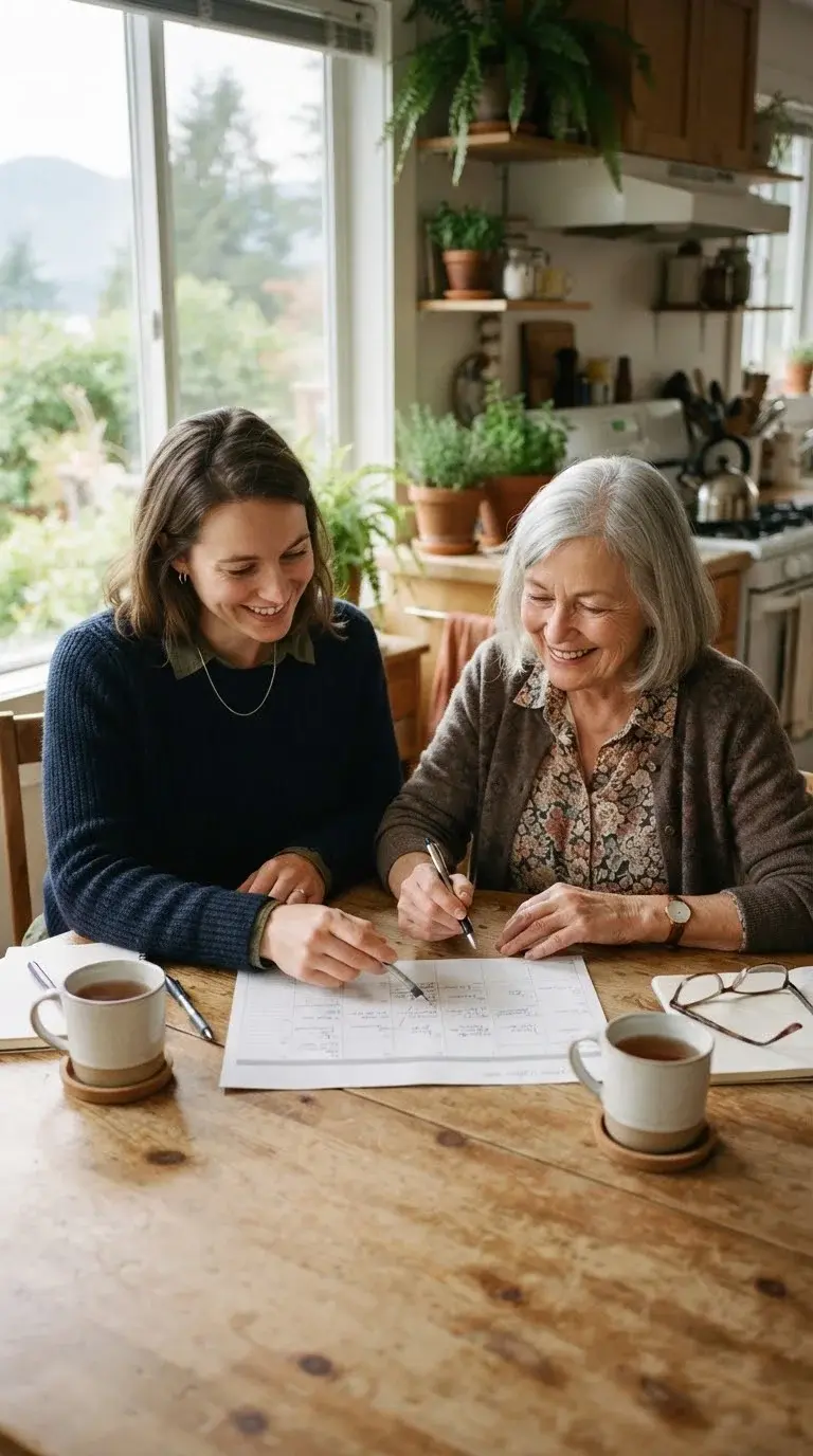 A support coordinator and an older woman plan a weekly routine on a paper calendar at a kitchen table.