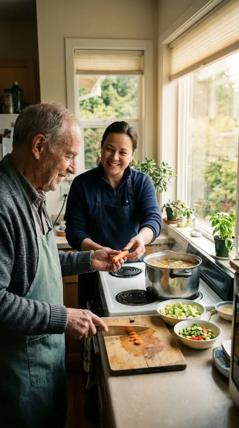 A home support worker and an older man prepare vegetable soup together in his kitchen.