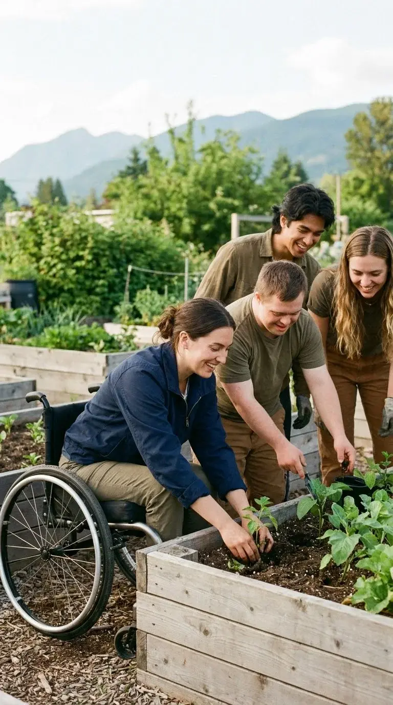 Young adults, including a woman using a wheelchair, plant seedlings together at a community garden.