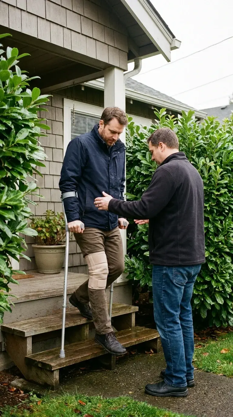A man with forearm crutches and a knee brace steps down from his front porch as a support worker steadies him.