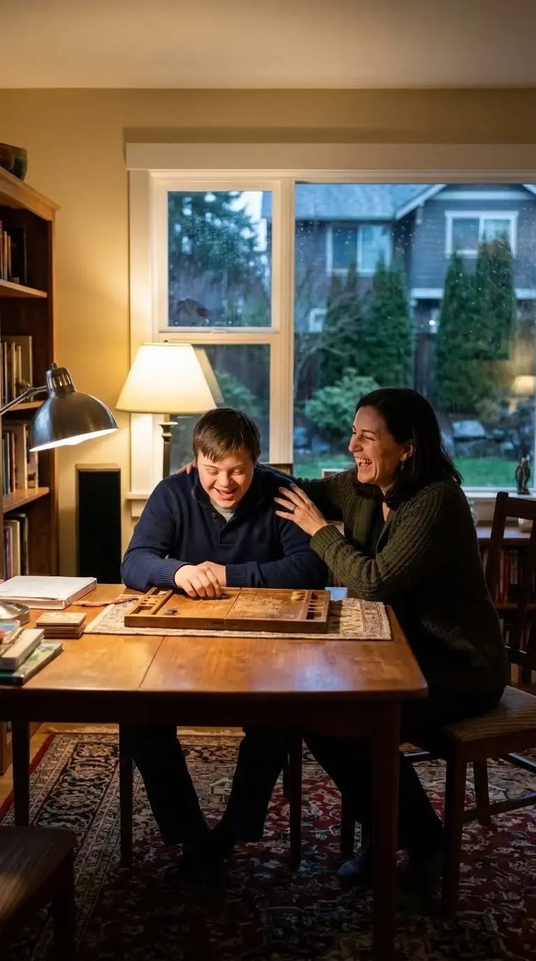 A caregiver and a teenage boy laugh over a board game at the dining table.