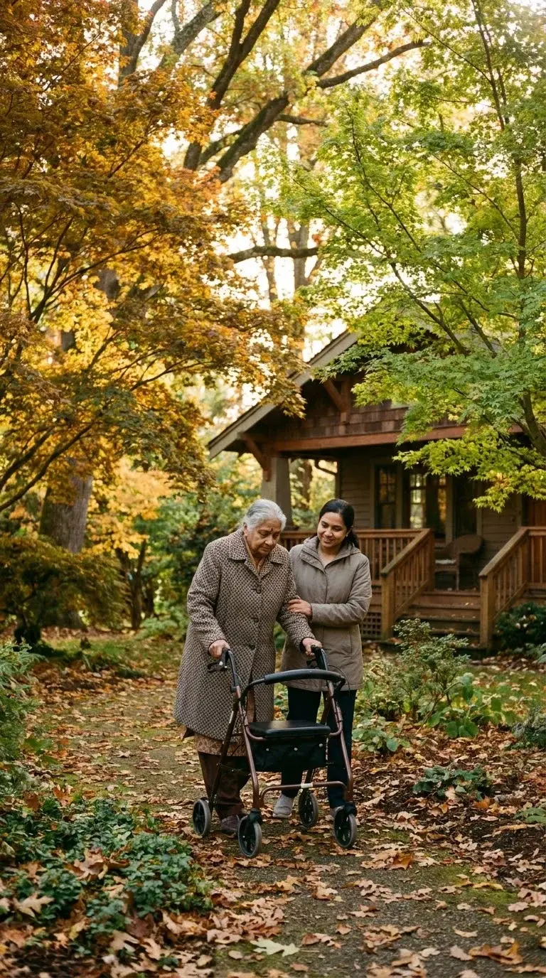 An older woman walks with a walker along a garden path, a caregiver at her side.