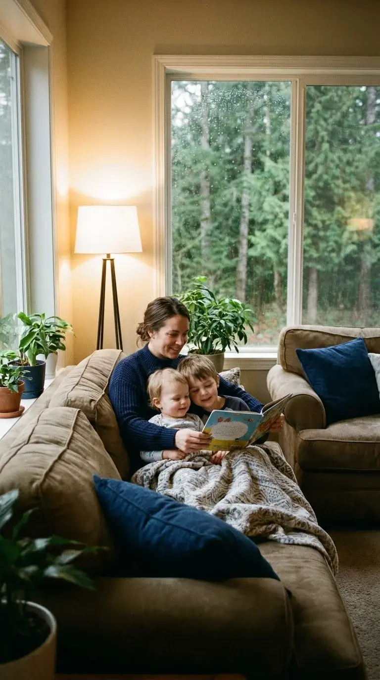 A mother reads a picture book on the sofa with her two young children.